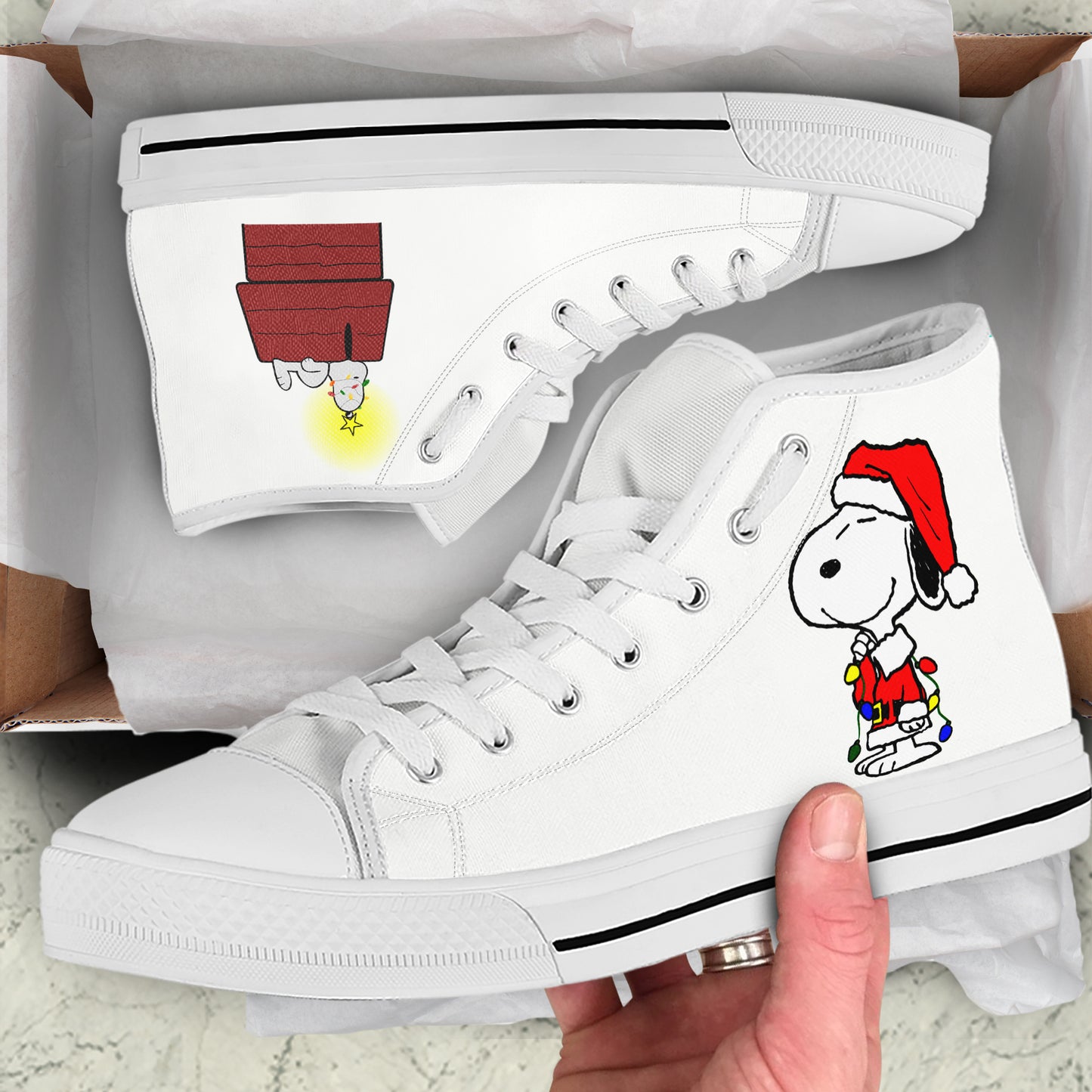 Cute Beagle in Santa Hat High Top Canvas Shoes | Dog with Christmas Lights Sneakers