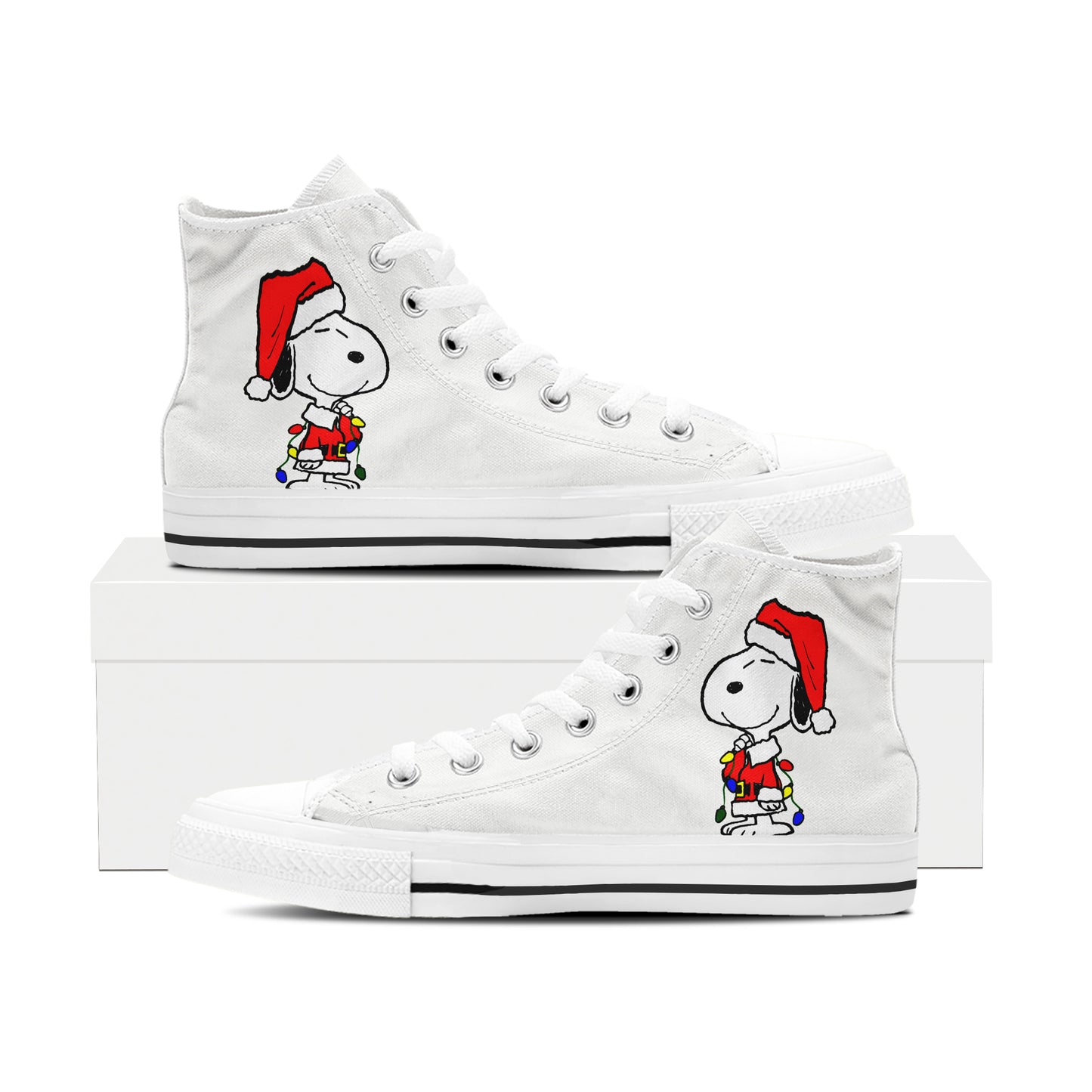 Cute Beagle in Santa Hat High Top Canvas Shoes | Dog with Christmas Lights Sneakers