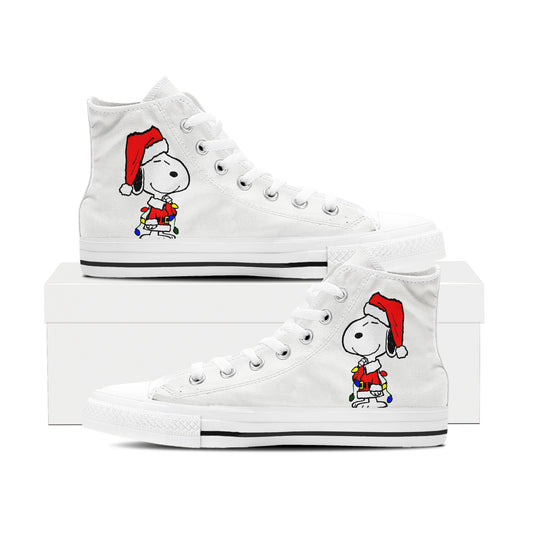 Cute Beagle in Santa Hat High Top Canvas Shoes | Dog with Christmas Lights Sneakers