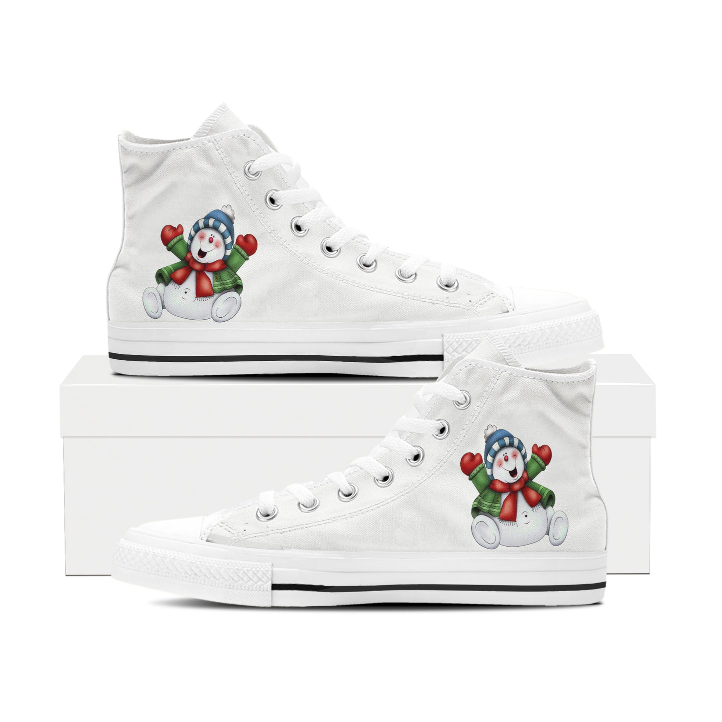 Cheerful Snowman & Wreath High Top Canvas Shoes | Classic White Christmas Sneakers