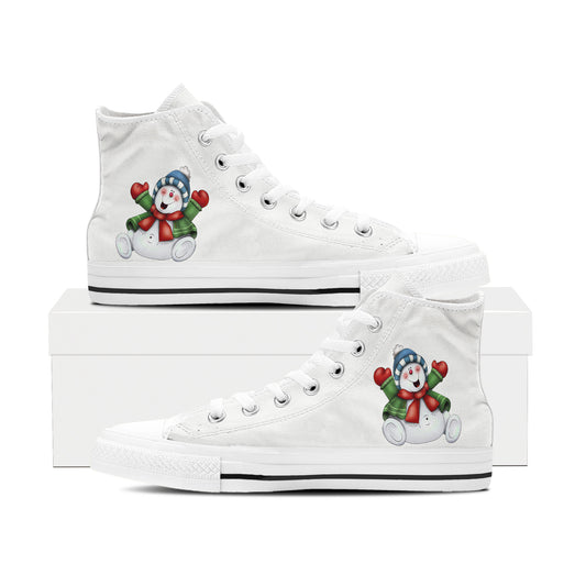 Cheerful Snowman & Wreath High Top Canvas Shoes | Classic White Christmas Sneakers