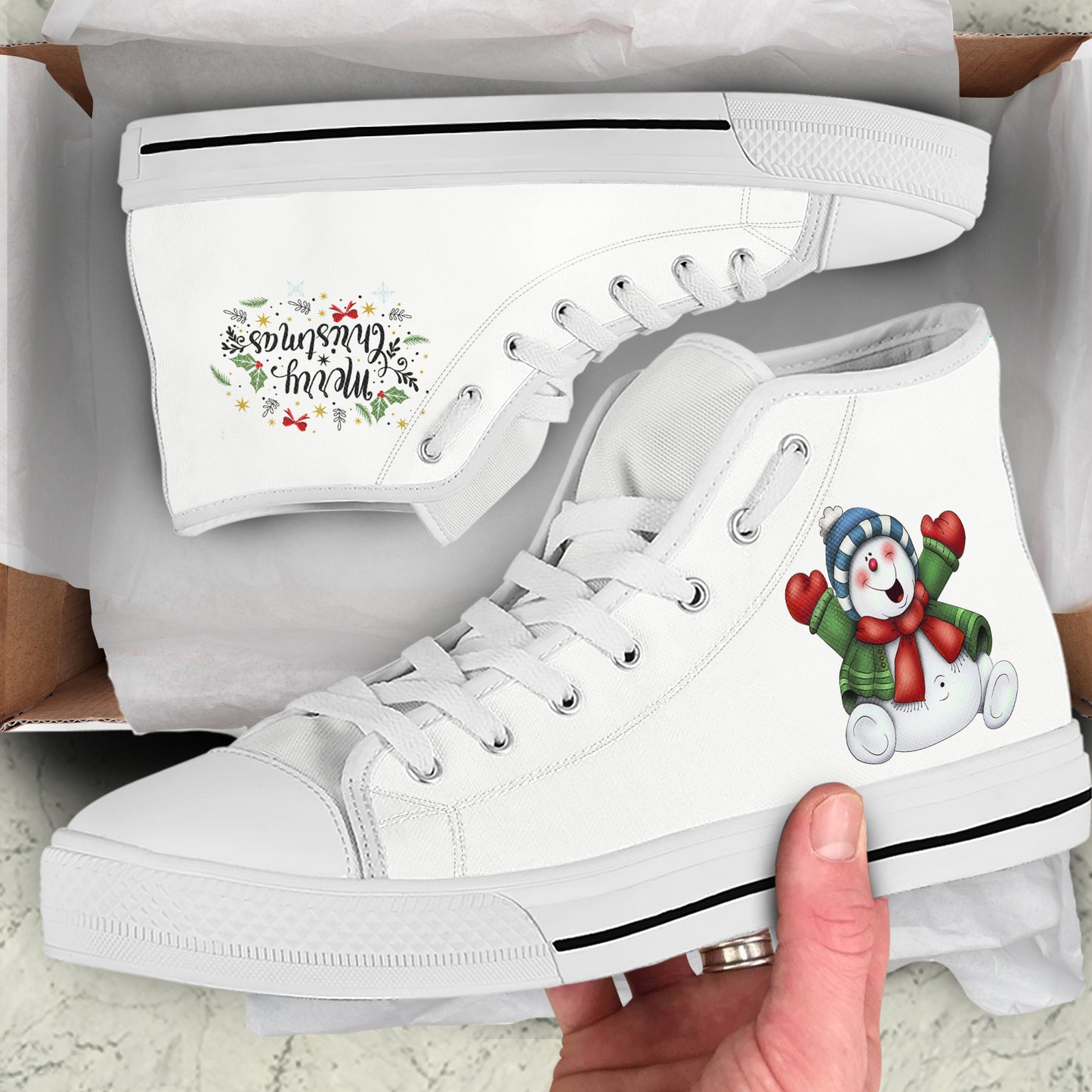 Cheerful Snowman & Wreath High Top Canvas Shoes | Classic White Christmas Sneakers