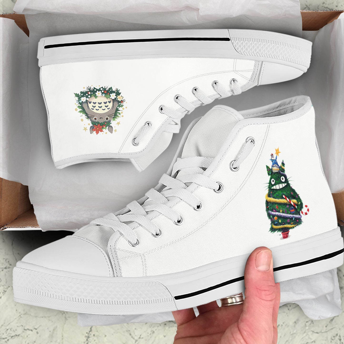 Funny Christmas Tree Character High Top Canvas Shoes | Whimsical Owl Wreath Sneakers