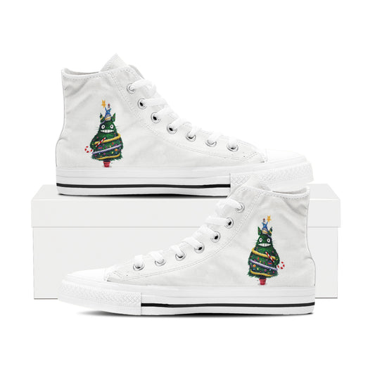 Funny Christmas Tree Character High Top Canvas Shoes | Whimsical Owl Wreath Sneakers