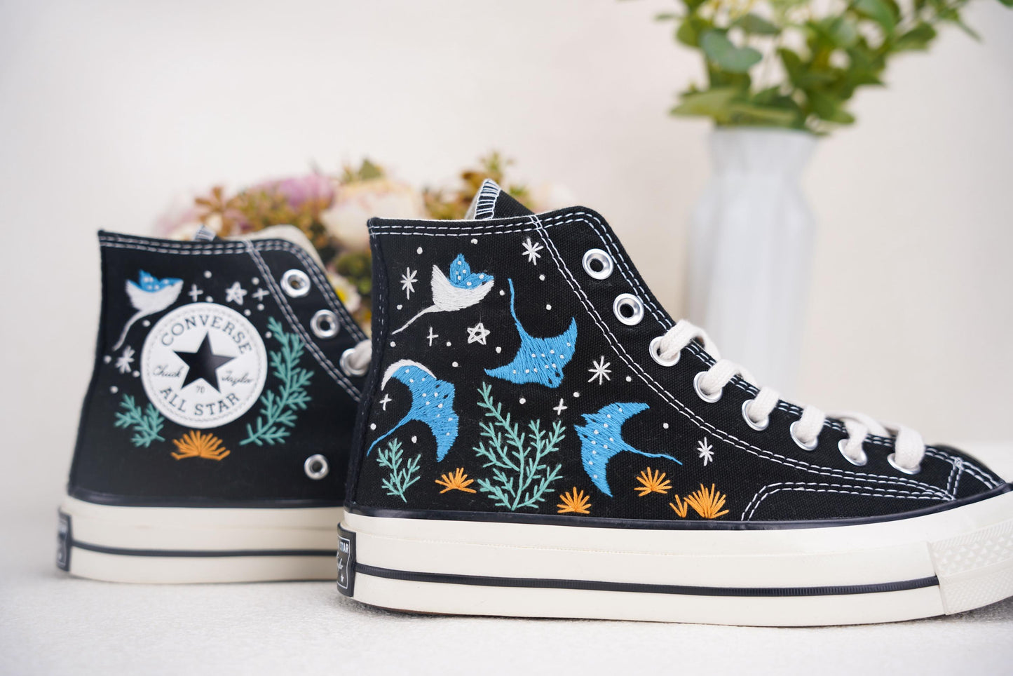 Manta Ray Embroidered Converse | Custom Ocean Chuck Taylor 1970s High Tops