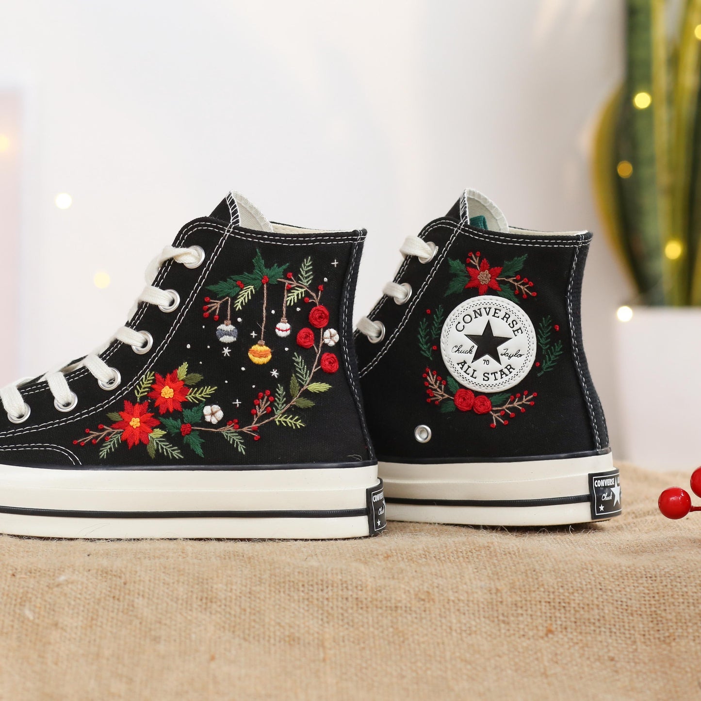 Custom Christmas Embroidered Converse Chuck Taylor | Pine Tree & Floral Holiday Sneakers