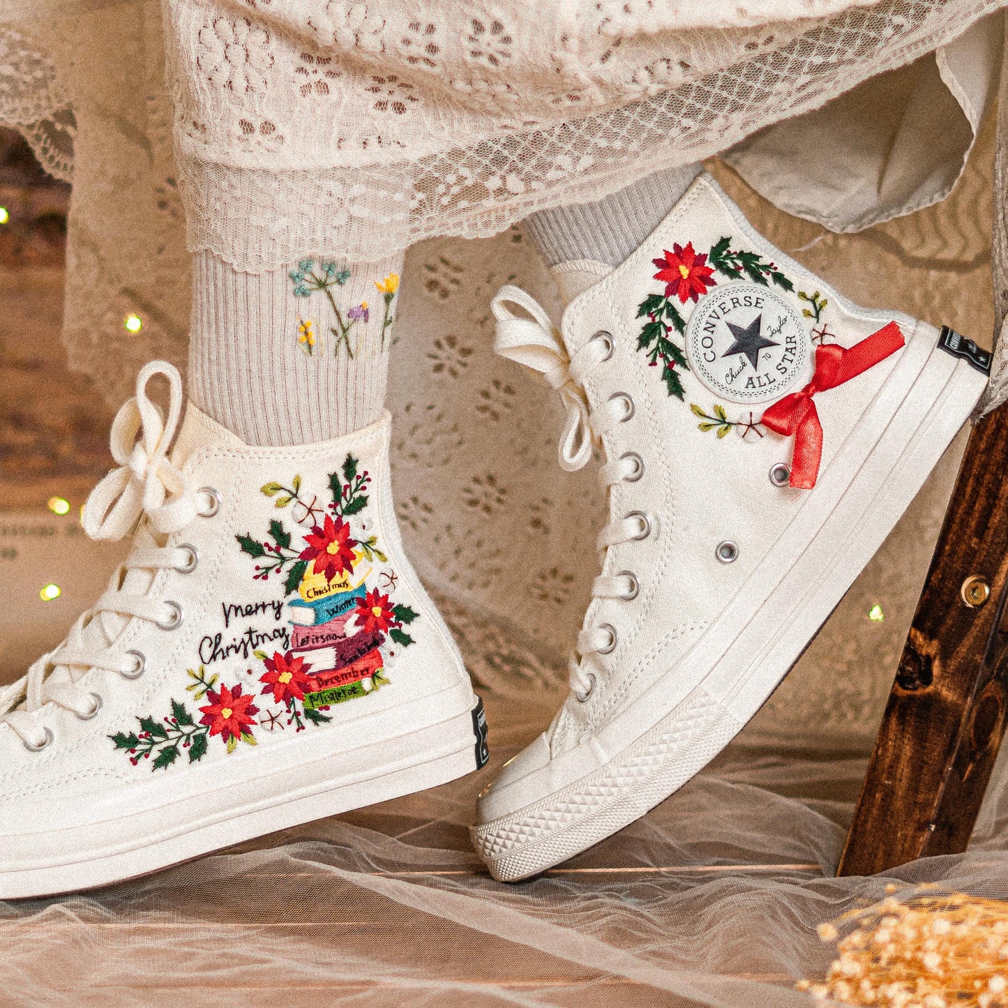 Custom Embroidered Converse Chuck Taylor | Floral & Book Design Christmas Vibes Sneakers