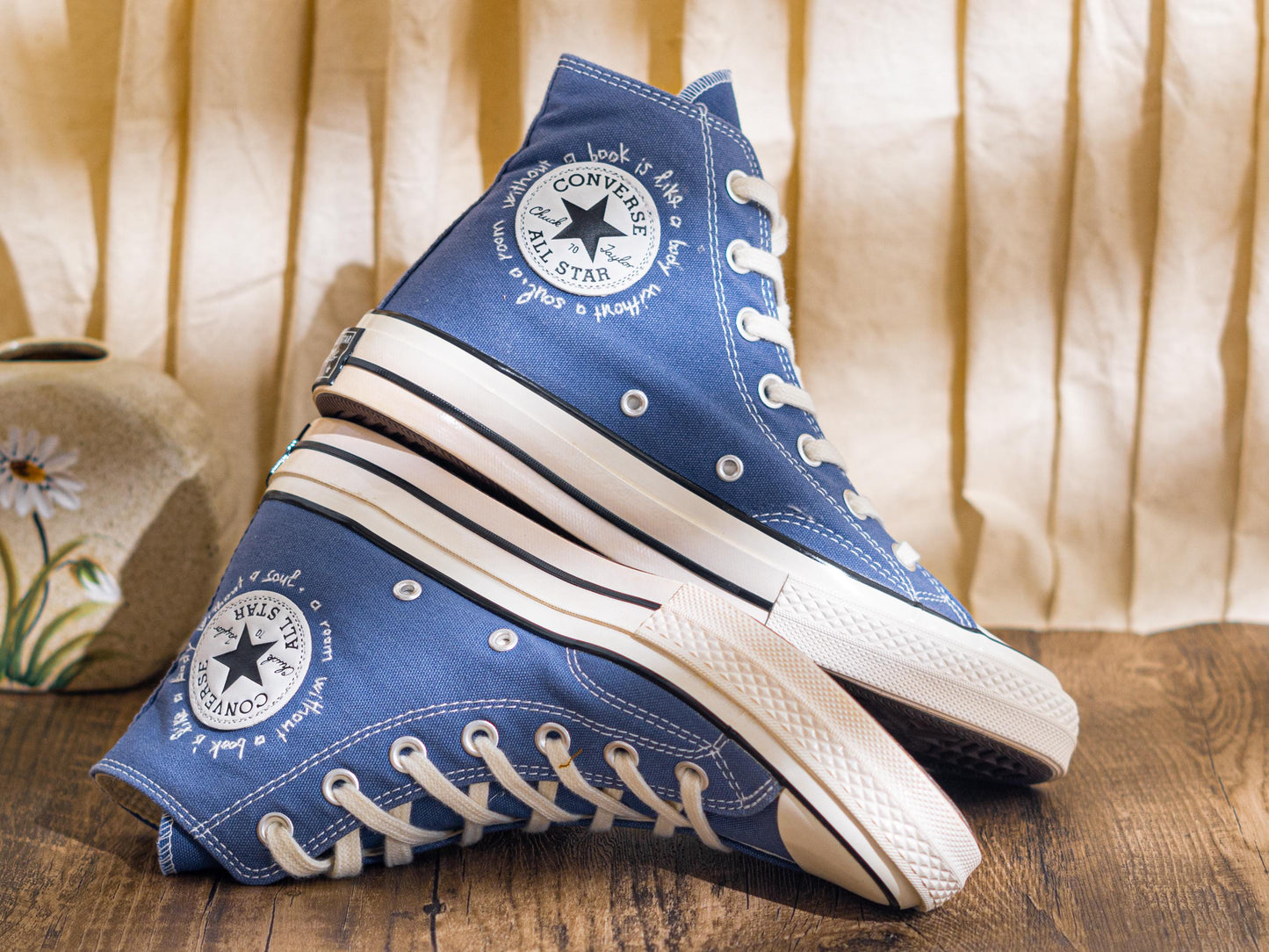 Denim Blue Embroidered Converse Chuck 70 | Custom Book & Mushroom High Top Sneakers | Unique Handmade Gift