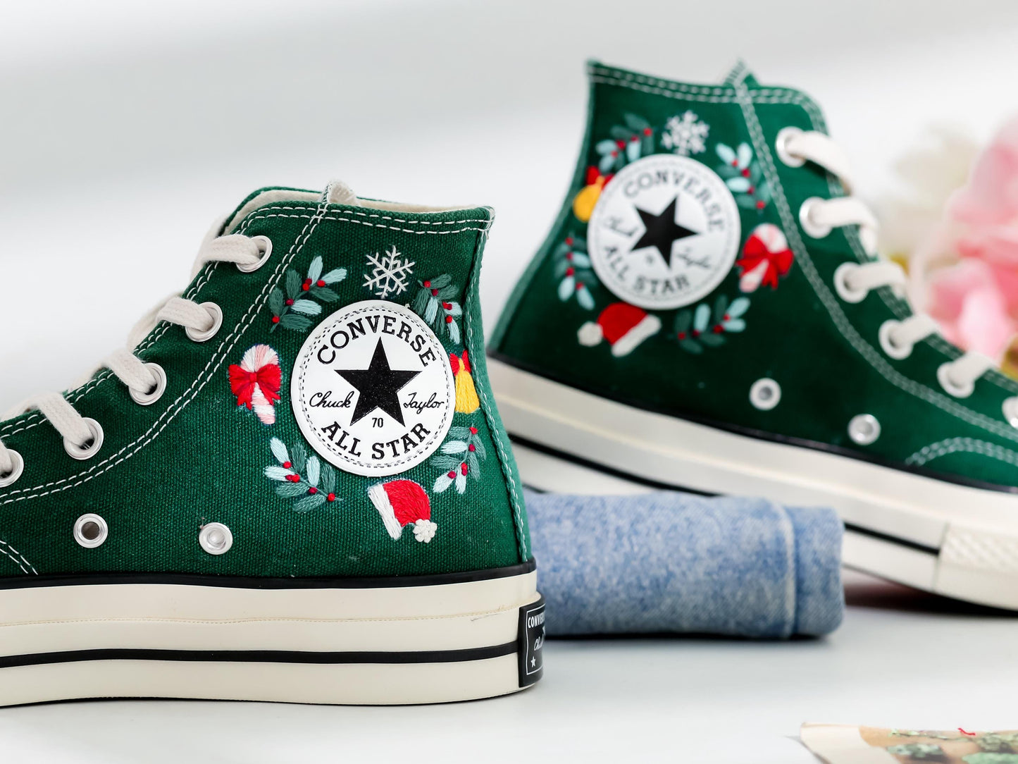 Custom Christmas Embroidered Converse | Santa Claus & Reindeer Sneakers with Snowflakes