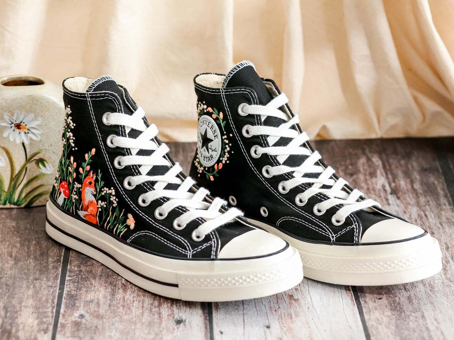 Custom Fox Embroidered Converse High Tops | Floral 1970s Chuck Taylor Sneakers