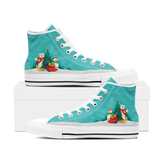 Christmas Bear & Snowman High Top Sneakers – Teal Holiday Canvas Shoes, Cute Winter Gift Sneakers