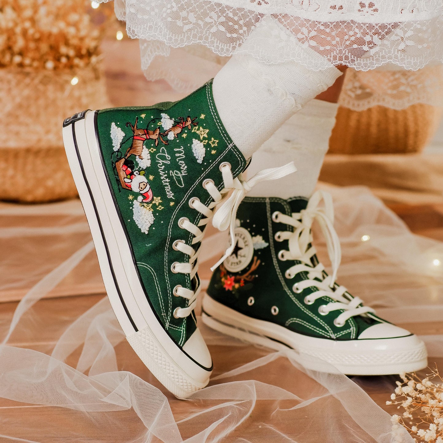 Custom Christmas Embroidered Converse High Tops | Santa Claus, Reindeer & Poinsettia Floral Sneakers