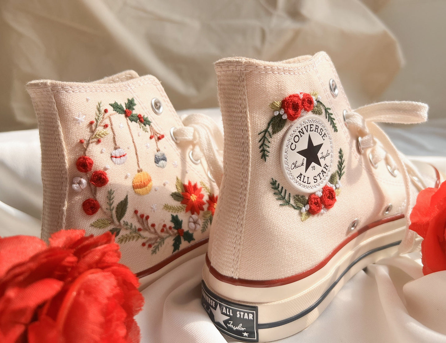 Custom Christmas Embroidered Converse Chuck 70 | Pine Tree & Floral High Top Sneakers