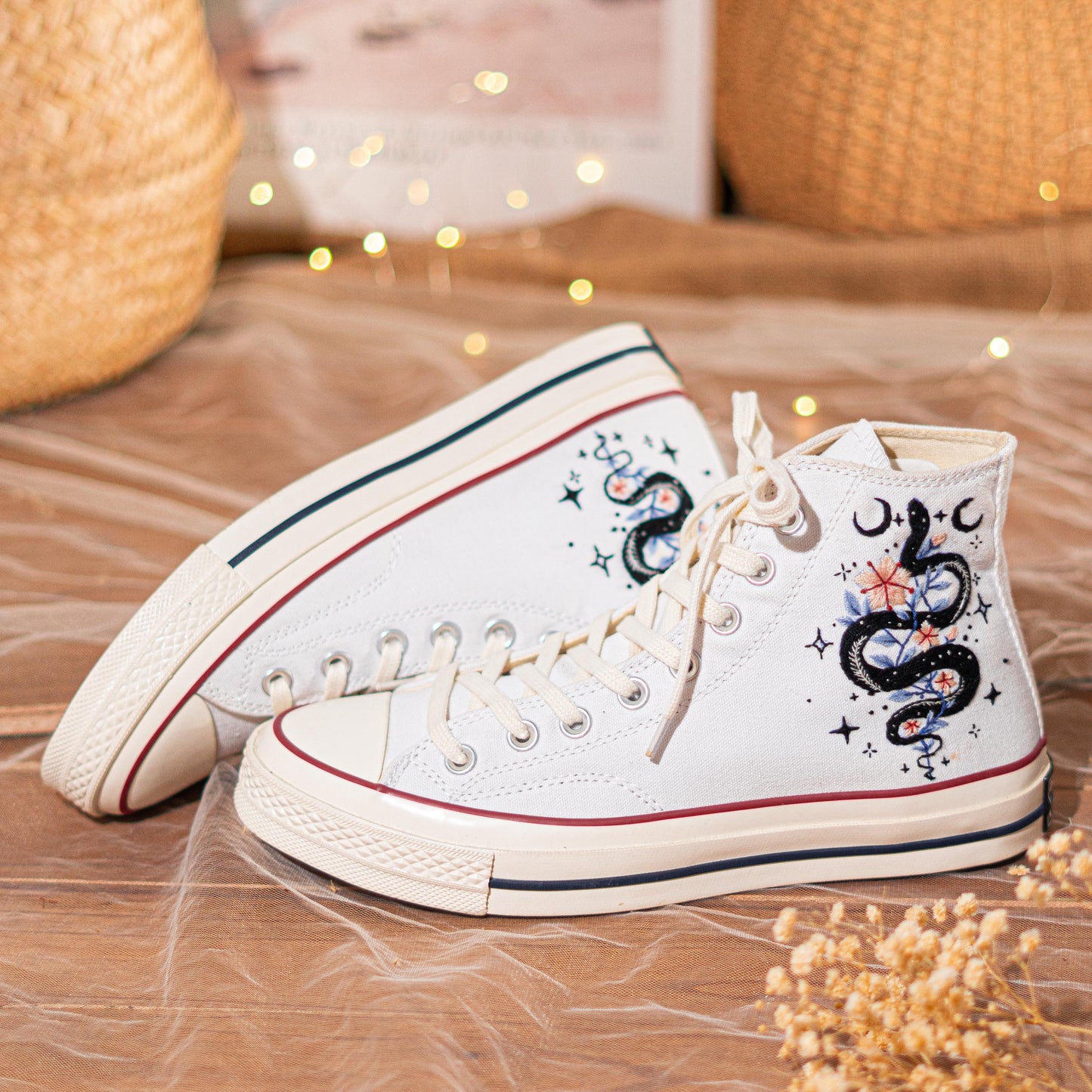 Custom Embroidered Converse Chuck 70 High Tops | Mystical Snake Design | Handmade Fashion Sneakers Gift