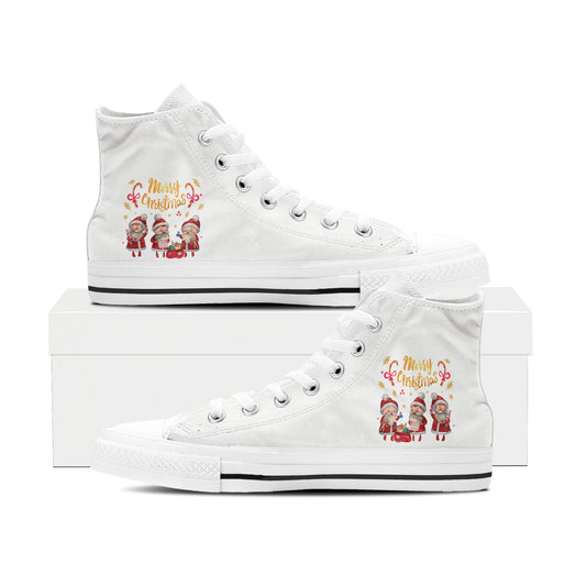Adorable Puppy Pile High Top Canvas Shoes | Burgundy Dog Christmas Tree Sneakers