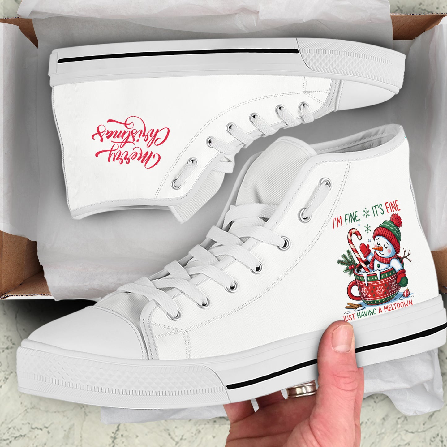 Cheerful Snowman & Wreath High Top Canvas Shoes | Classic White Christmas Sneakers