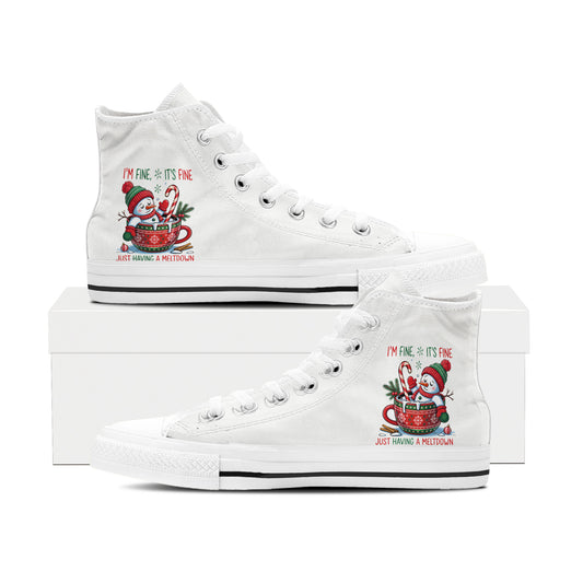 Cheerful Snowman & Wreath High Top Canvas Shoes | Classic White Christmas Sneakers