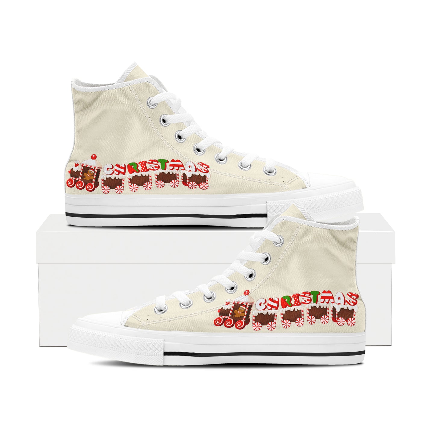 Gingerbread Christmas Train High Top Canvas Shoes | Sweet Holiday Cookie Sneakers