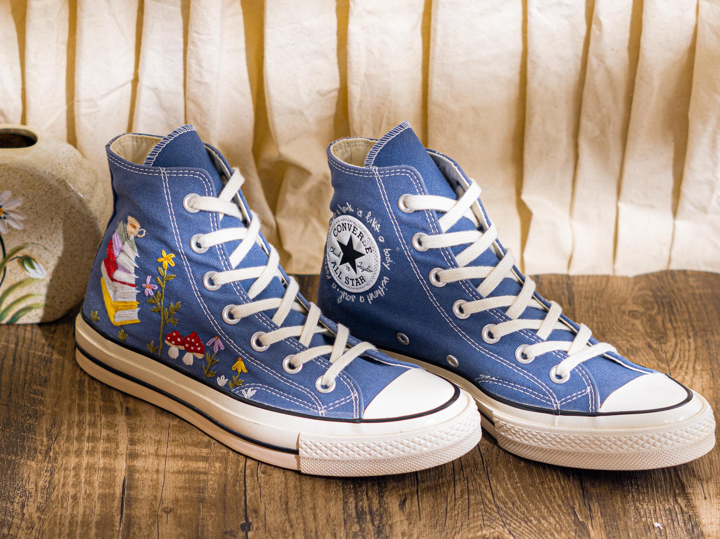 Denim Blue Embroidered Converse Chuck 70 | Custom Book & Mushroom High Top Sneakers | Unique Handmade Gift
