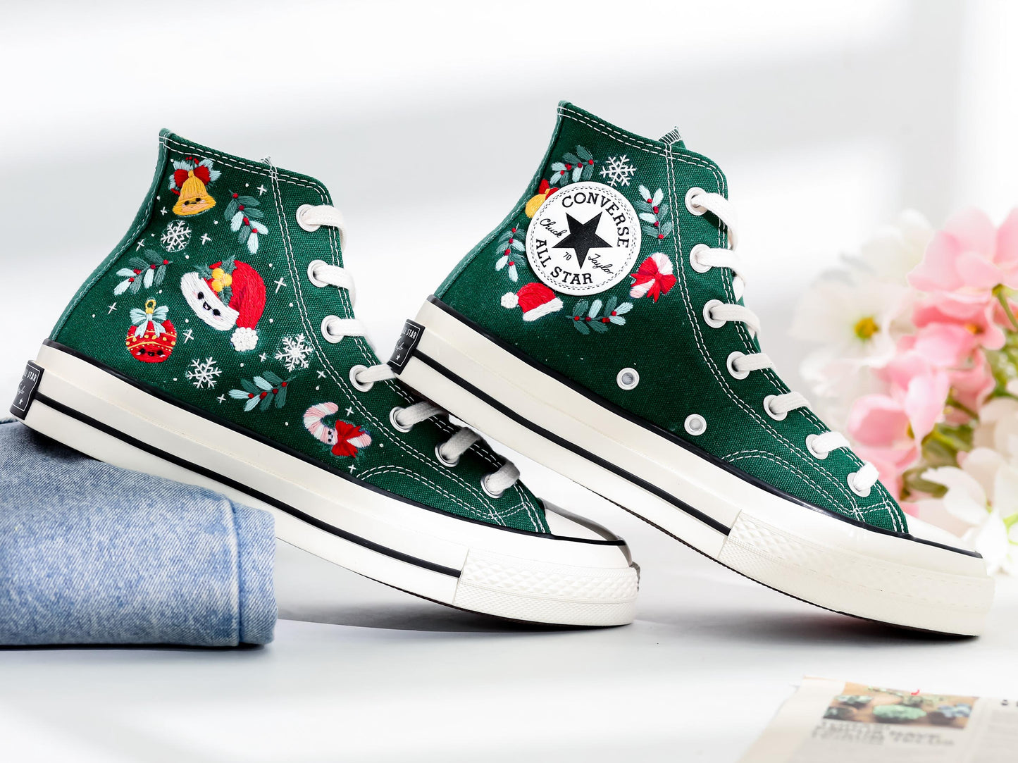 Custom Christmas Embroidered Converse | Santa Claus & Reindeer Sneakers with Snowflakes