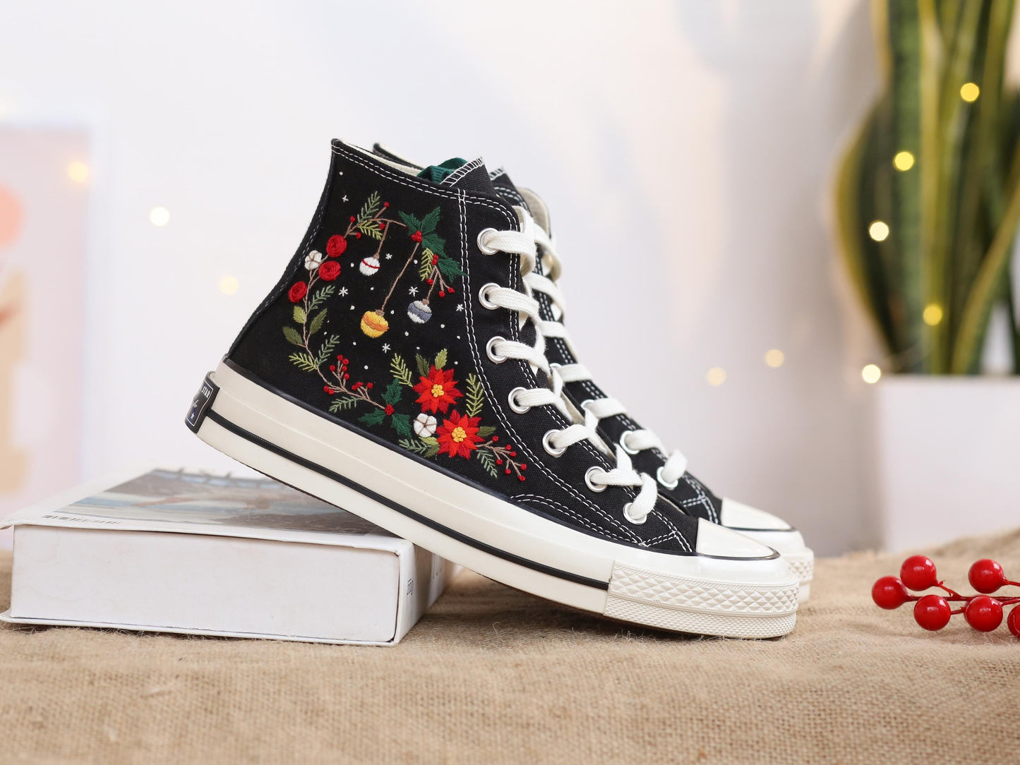 Custom Christmas Embroidered Converse Chuck Taylor | Pine Tree & Floral Holiday Sneakers