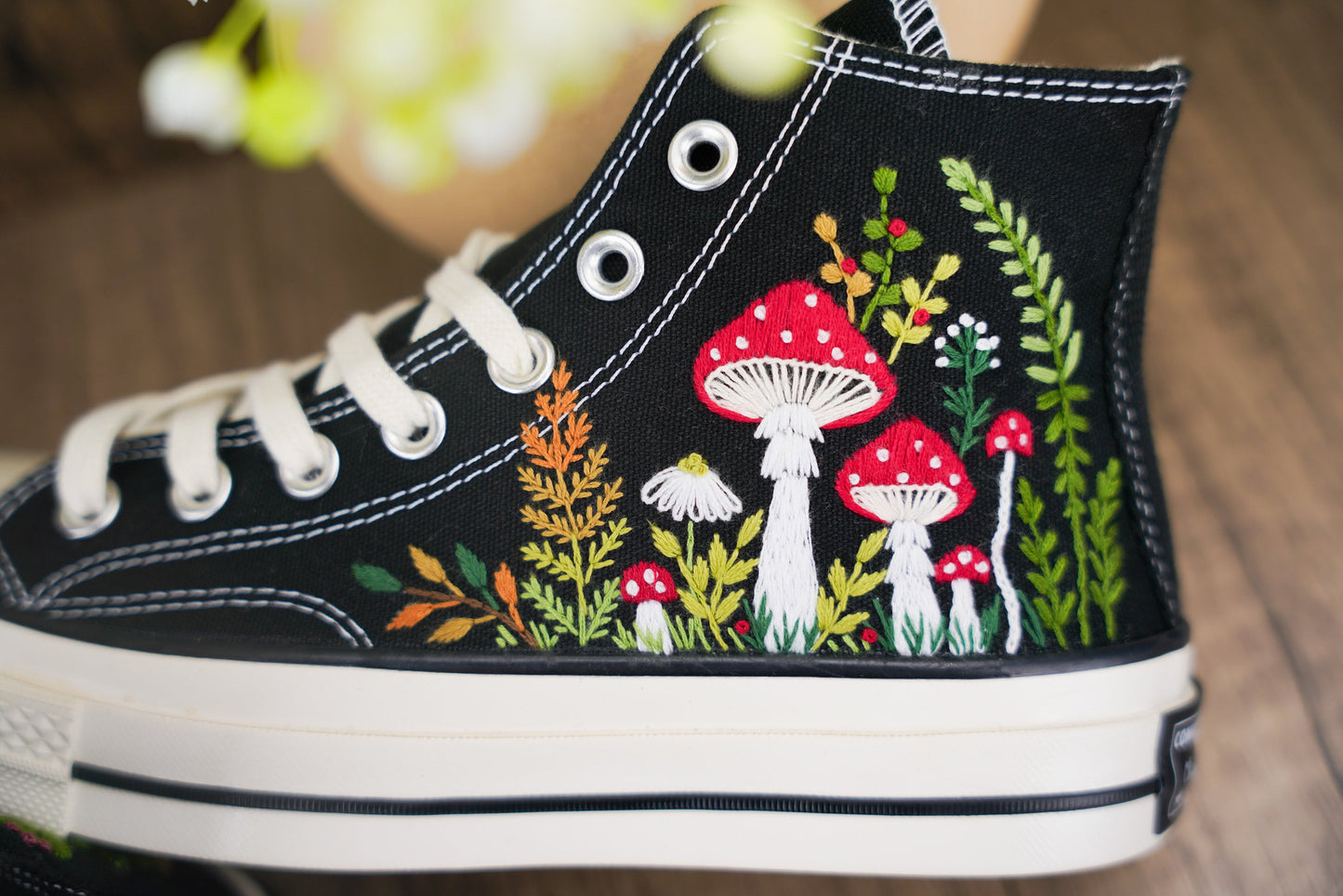 Custom Mushroom Embroidered Converse Chuck Taylor | Handmade Whimsical Sneakers Gift