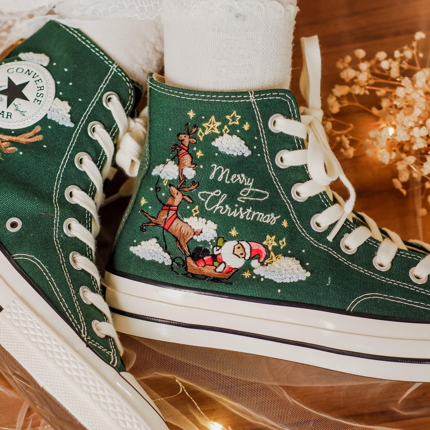 Custom Christmas Embroidered Converse High Tops | Santa Claus, Reindeer & Poinsettia Floral Sneakers