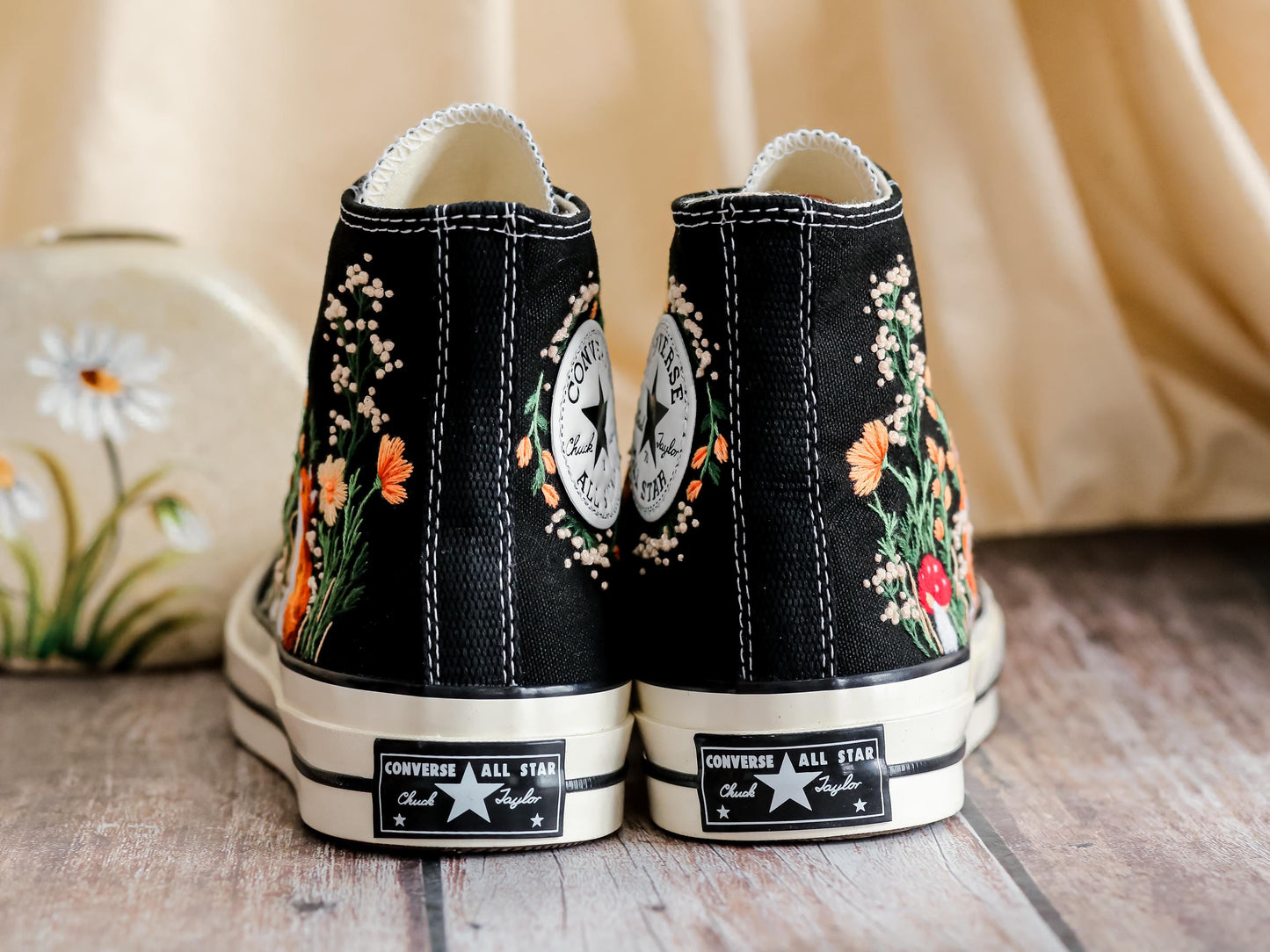 Custom Fox Embroidered Converse High Tops | Floral 1970s Chuck Taylor Sneakers