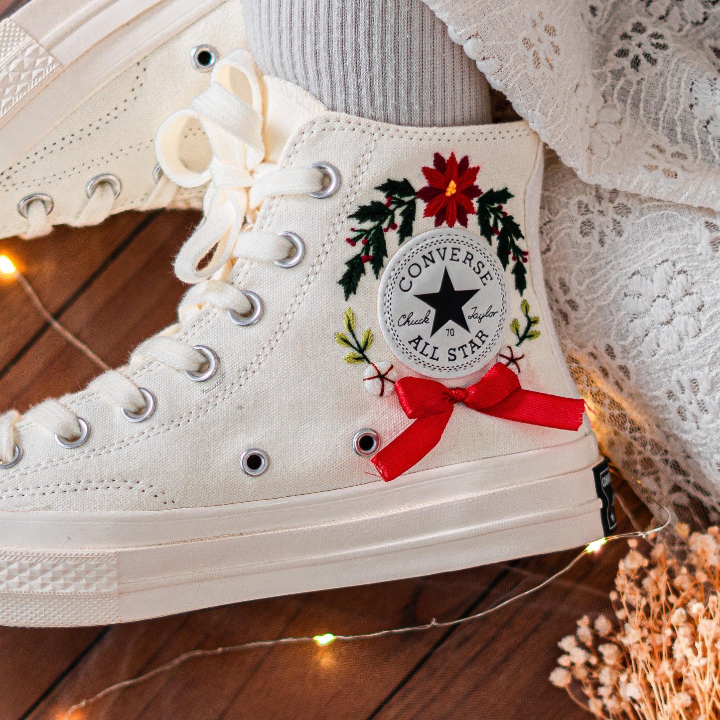 Custom Embroidered Converse Chuck Taylor | Floral & Book Design Christmas Vibes Sneakers