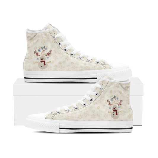Let It Snow High Top Sneakers – Beige Snowflake Christmas Canvas Shoes, Winter Snowman Print
