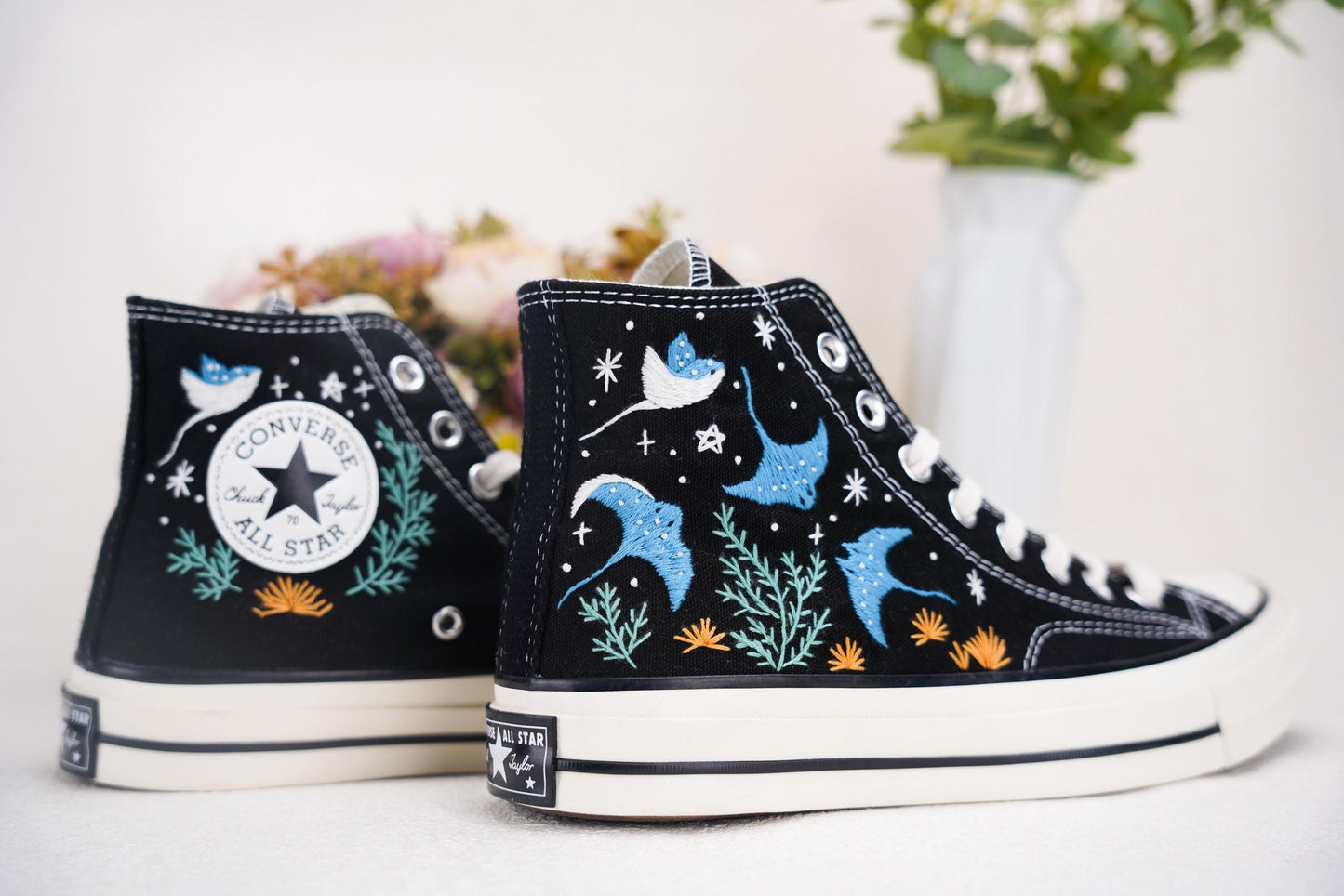 Manta Ray Embroidered Converse | Custom Ocean Chuck Taylor 1970s High Tops