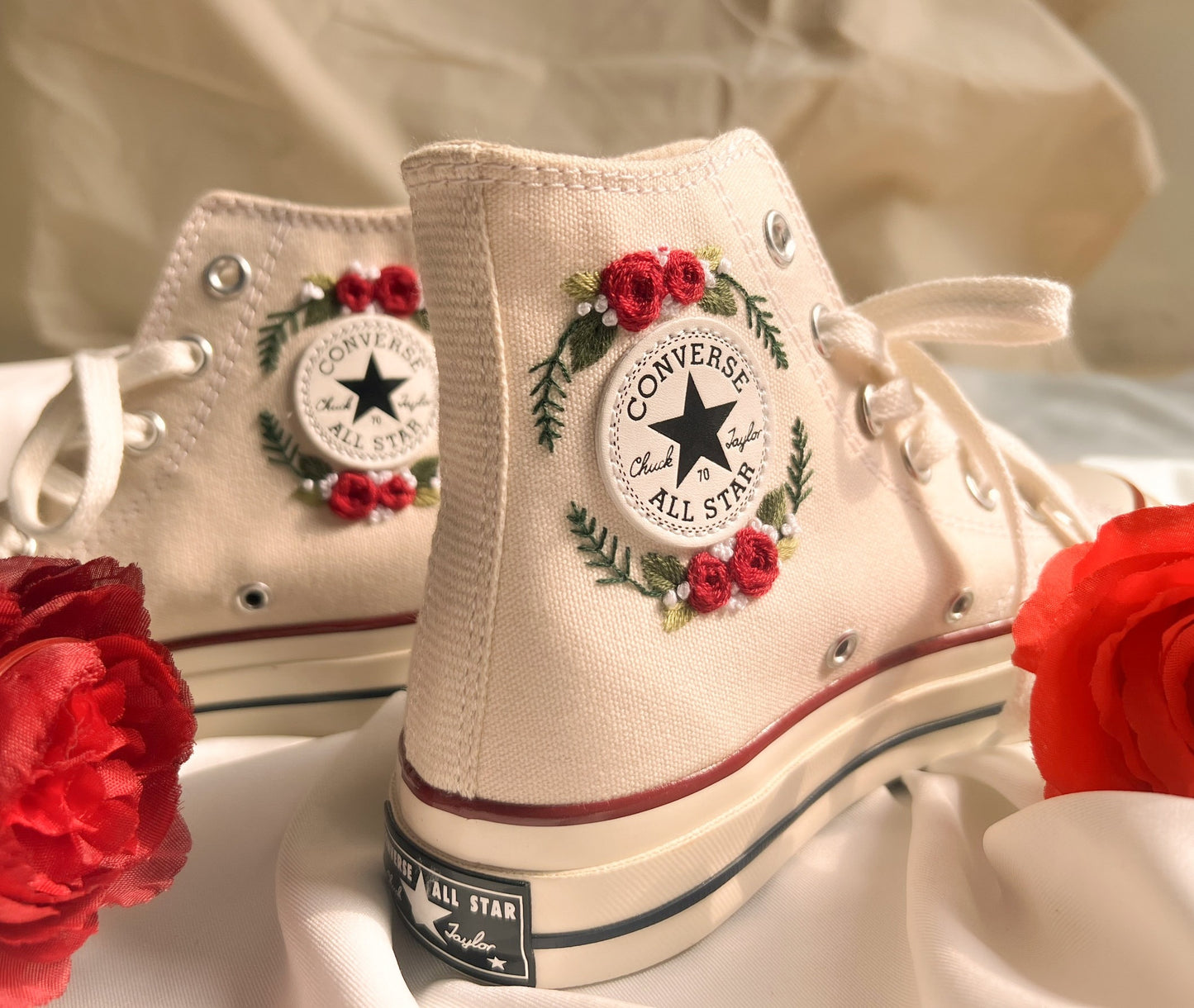 Custom Christmas Embroidered Converse Chuck 70 | Pine Tree & Floral High Top Sneakers