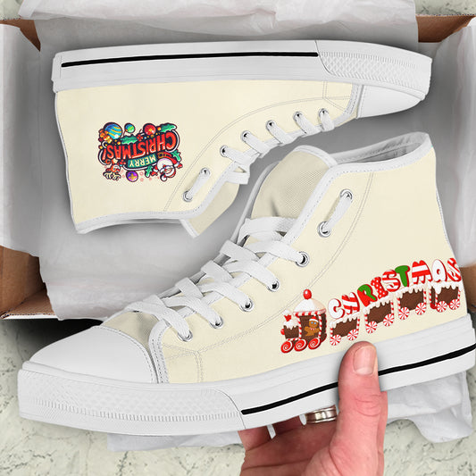 Gingerbread Christmas Train High Top Canvas Shoes | Sweet Holiday Cookie Sneakers