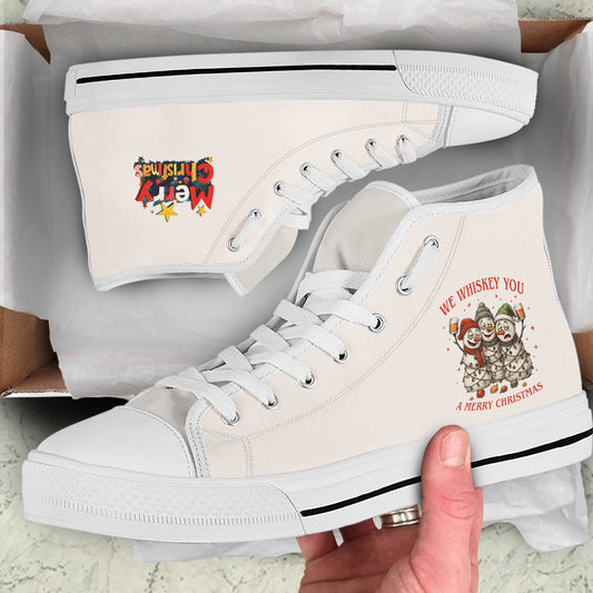 Funny "We Whiskey You A Merry Christmas" High Top Canvas Shoes | Adult Holiday Pun Sneakers