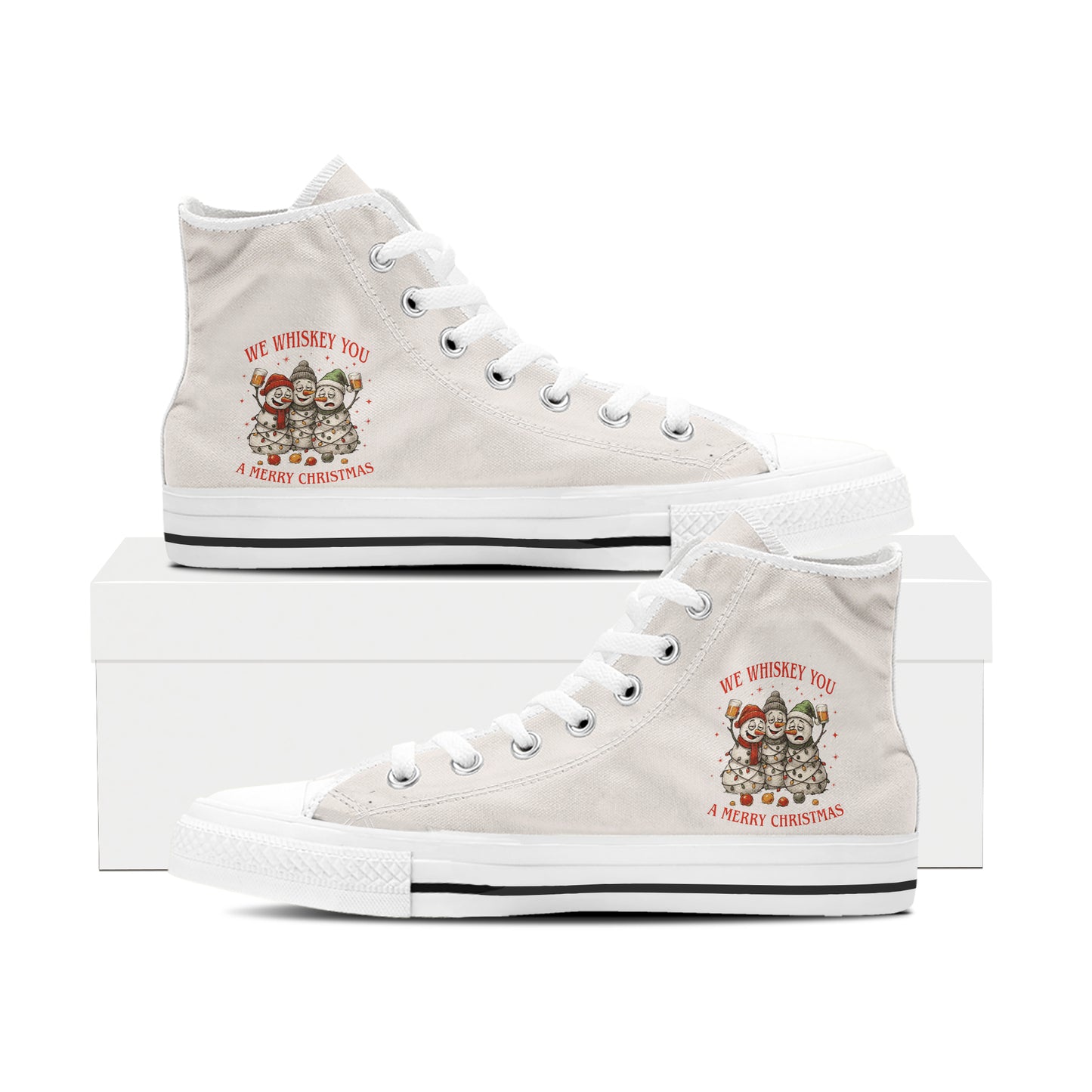 Funny "We Whiskey You A Merry Christmas" High Top Canvas Shoes | Adult Holiday Pun Sneakers