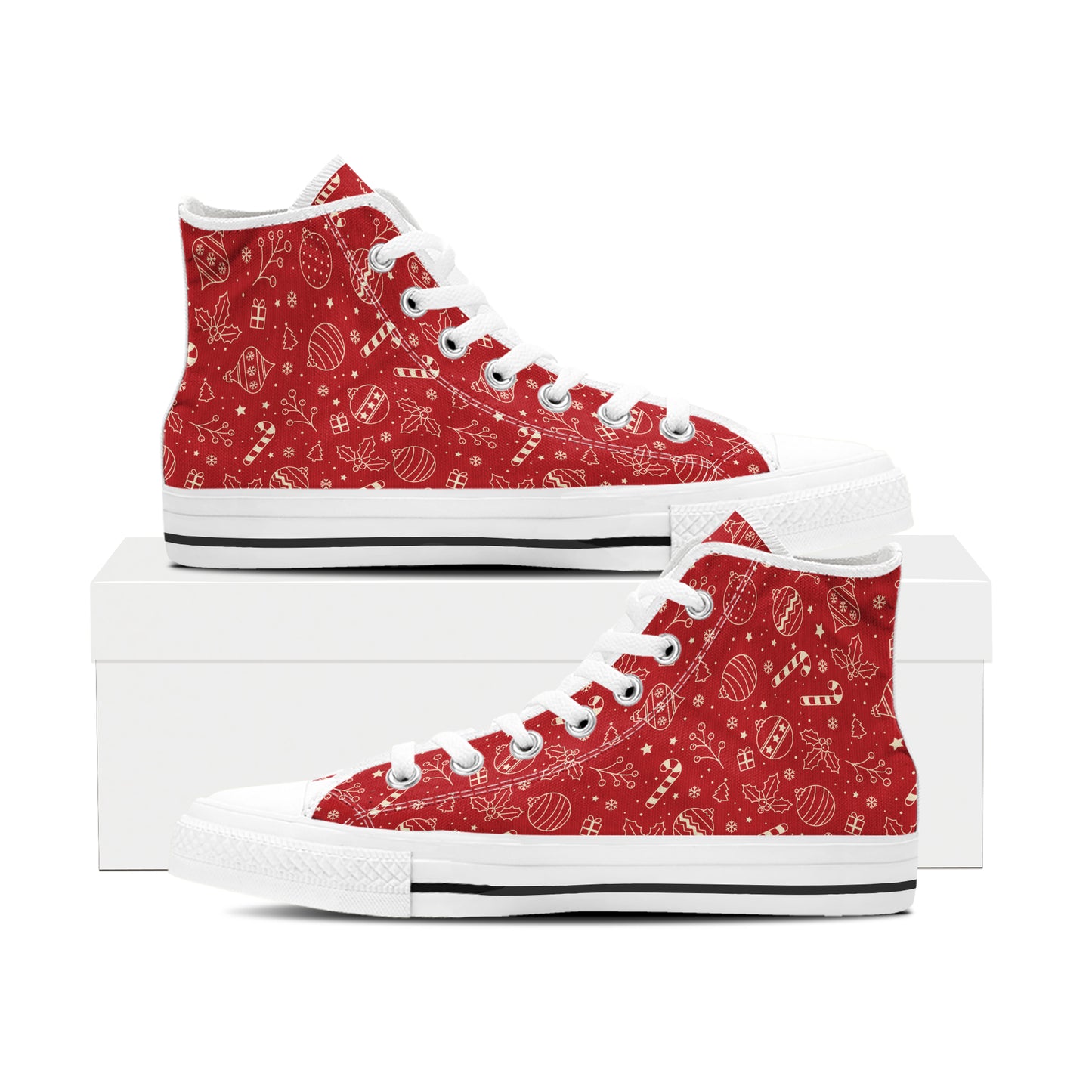 All-Over Red and Gold Christmas Pattern High Top Canvas Shoes | Classic Holiday Outline Sneakers