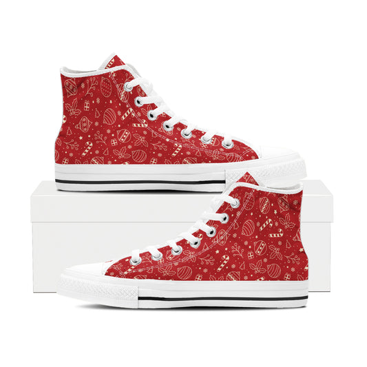 All-Over Red and Gold Christmas Pattern High Top Canvas Shoes | Classic Holiday Outline Sneakers