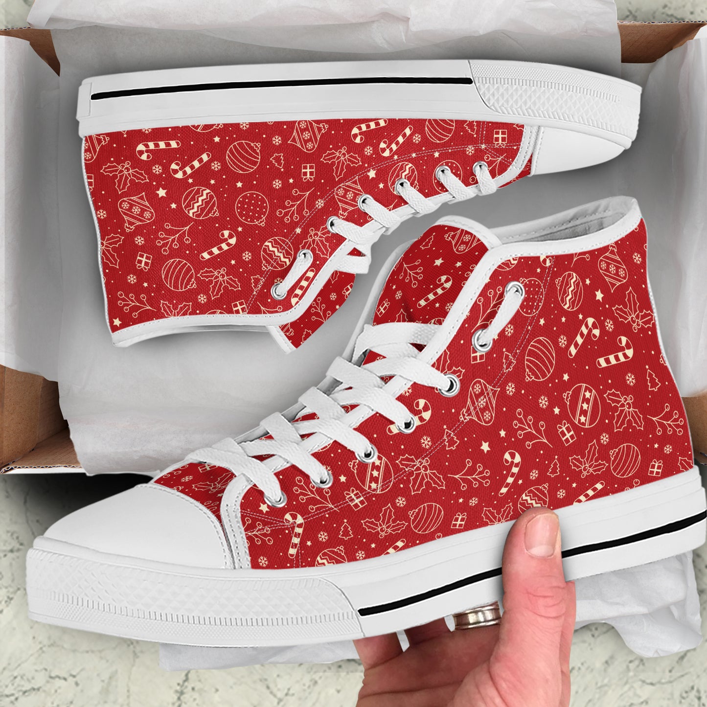 All-Over Red and Gold Christmas Pattern High Top Canvas Shoes | Classic Holiday Outline Sneakers