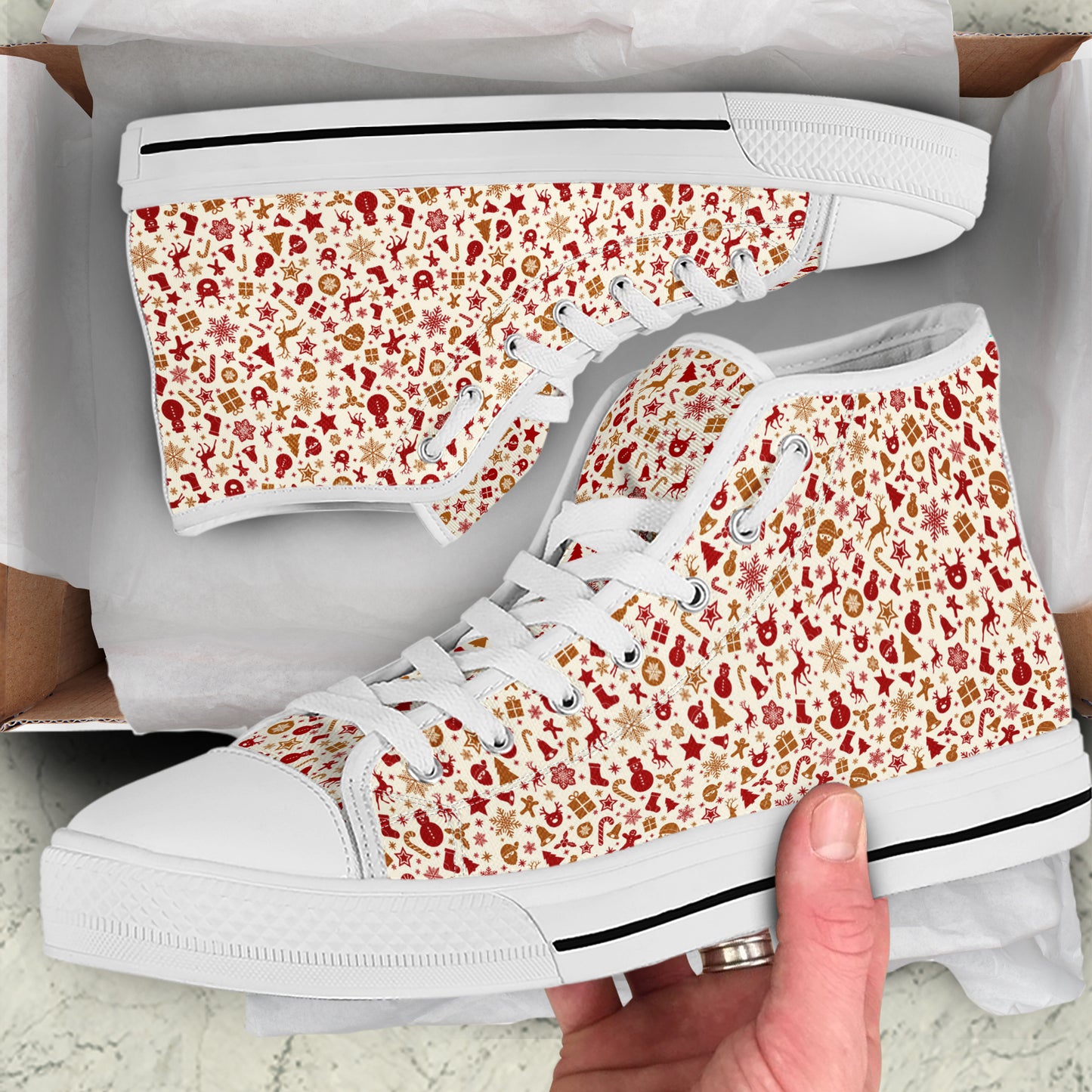 All-Over Red & Gold Christmas Pattern High Top Canvas Shoes | Elegant Holiday Sneakers