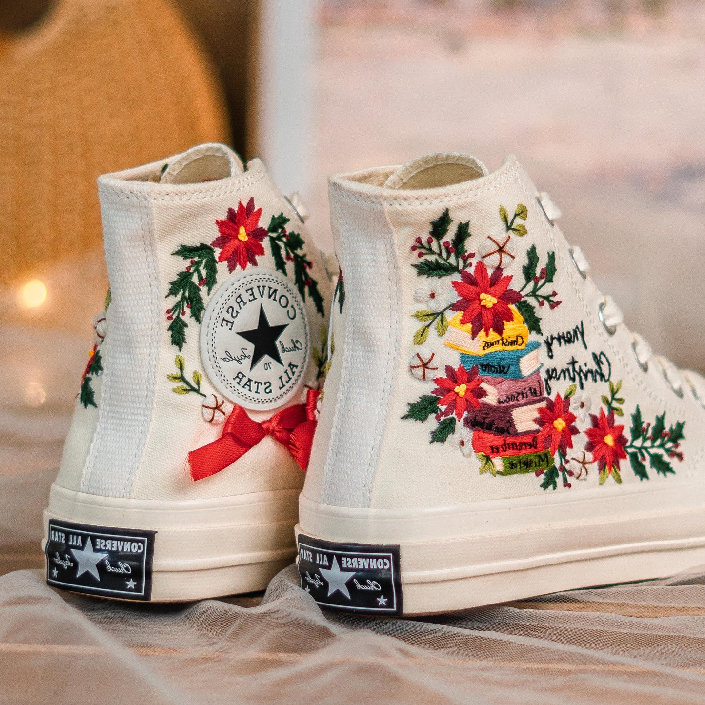 Custom Embroidered Converse Chuck Taylor | Floral & Book Design Christmas Vibes Sneakers