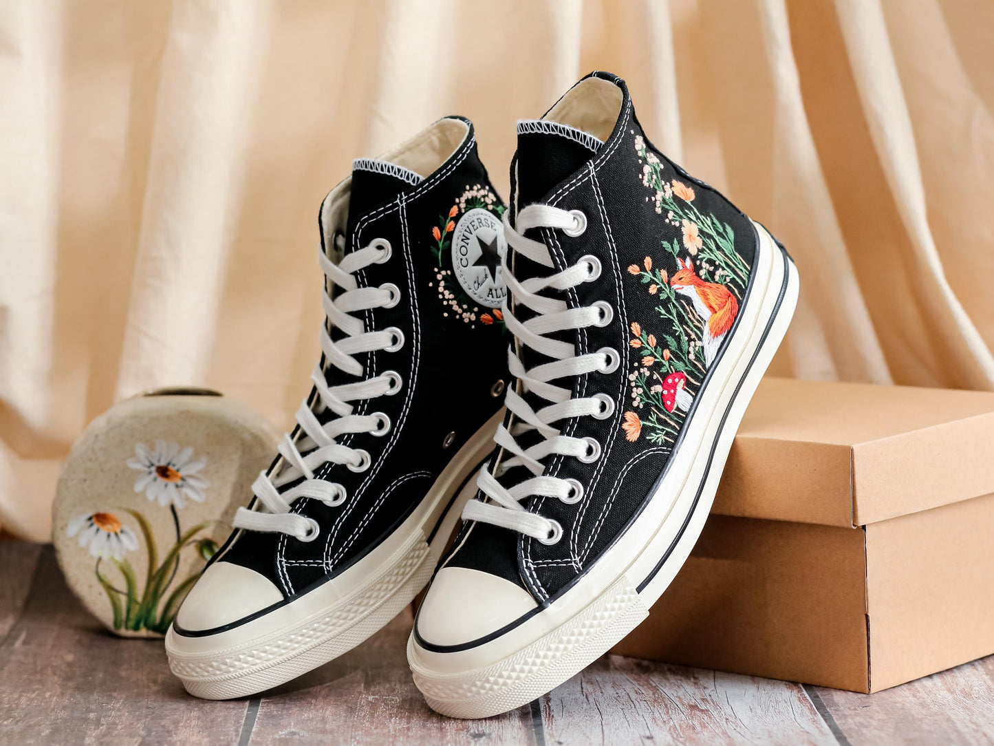 Custom Fox Embroidered Converse High Tops | Floral 1970s Chuck Taylor Sneakers