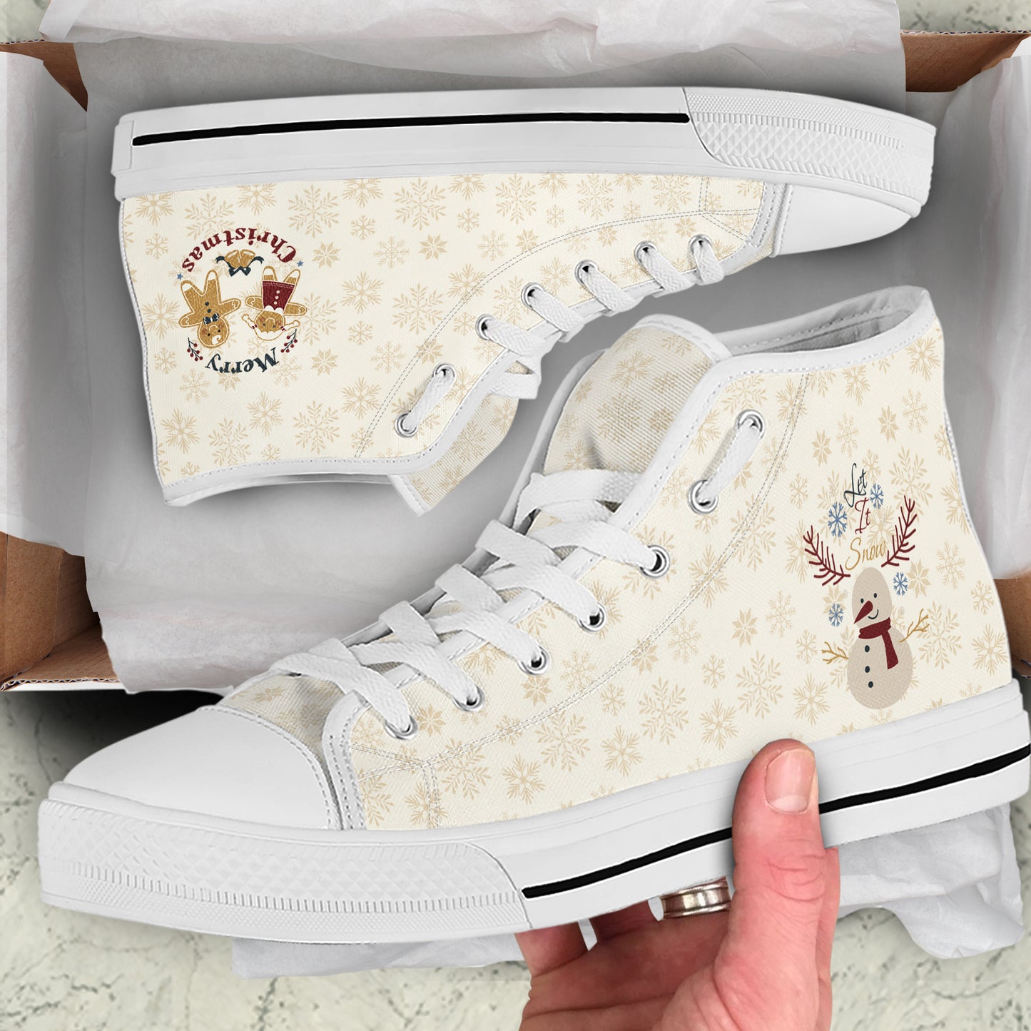 Let It Snow High Top Sneakers – Beige Snowflake Christmas Canvas Shoes, Winter Snowman Print