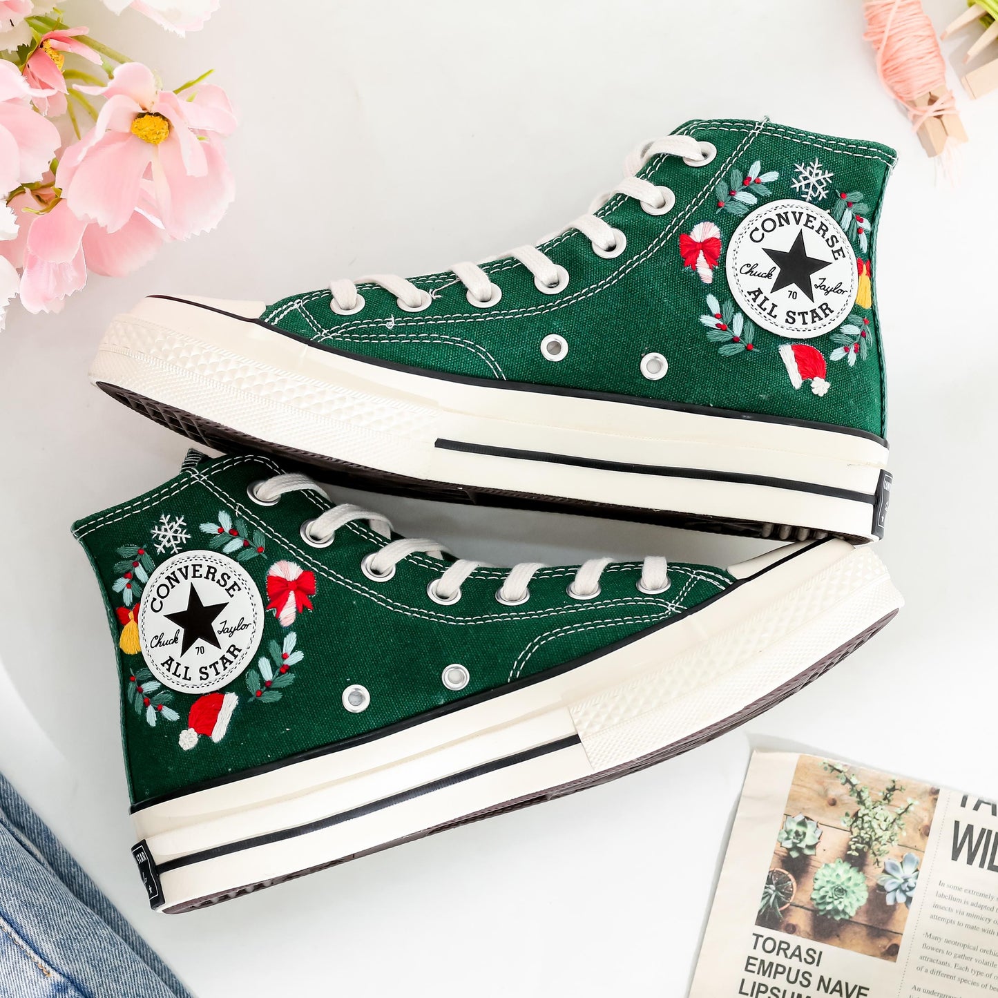 Custom Christmas Embroidered Converse | Santa Claus & Reindeer Sneakers with Snowflakes