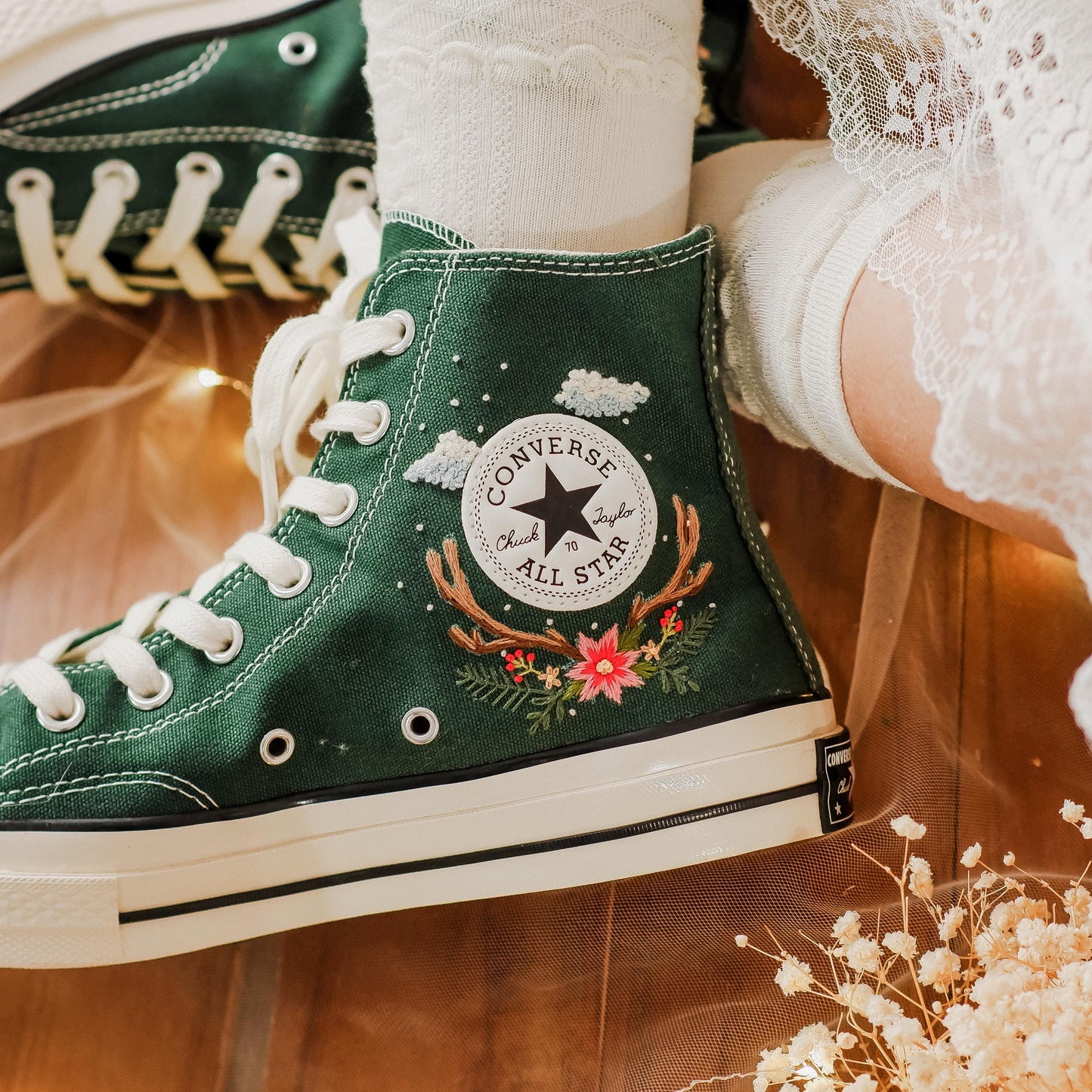 Custom Christmas Embroidered Converse High Tops | Santa Claus, Reindeer & Poinsettia Floral Sneakers