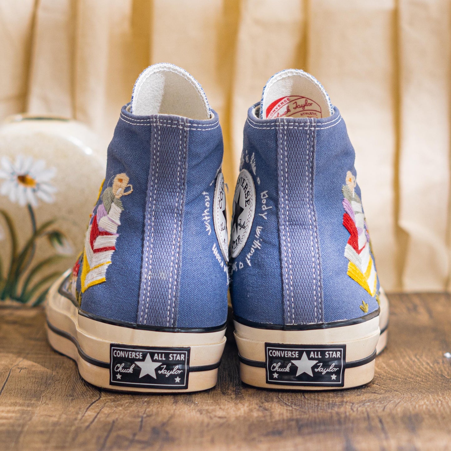 Denim Blue Embroidered Converse Chuck 70 | Custom Book & Mushroom High Top Sneakers | Unique Handmade Gift