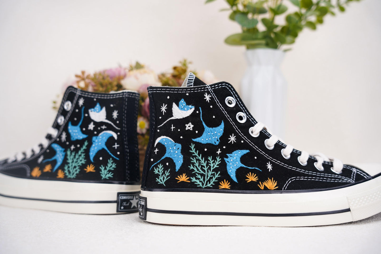 Manta Ray Embroidered Converse | Custom Ocean Chuck Taylor 1970s High Tops