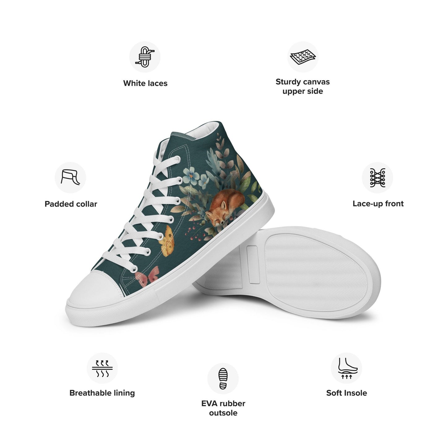 Sleeping Fox Canvas Sneakers | Boho Floral Woodland Animal Artistic Shoes