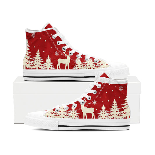 Festive Red & White Reindeer High-Top Sneakers | Unisex Christmas Canvas Shoes