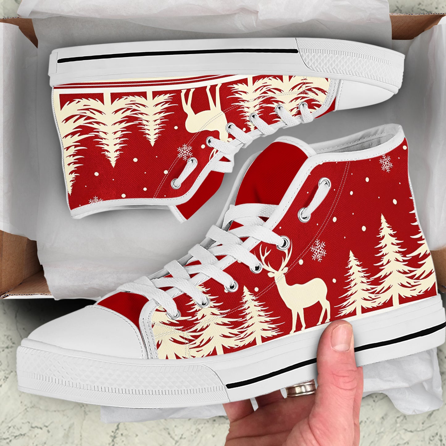 Festive Red & White Reindeer High-Top Sneakers | Unisex Christmas Canvas Shoes