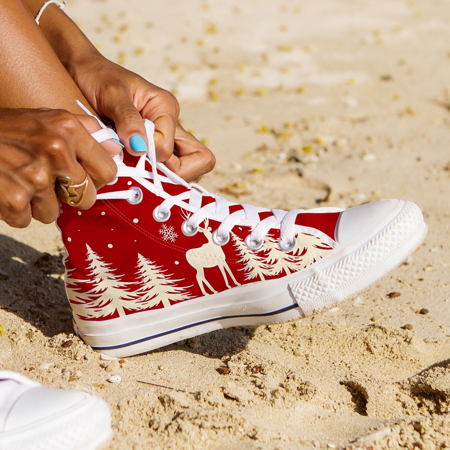 Festive Red & White Reindeer High-Top Sneakers | Unisex Christmas Canvas Shoes